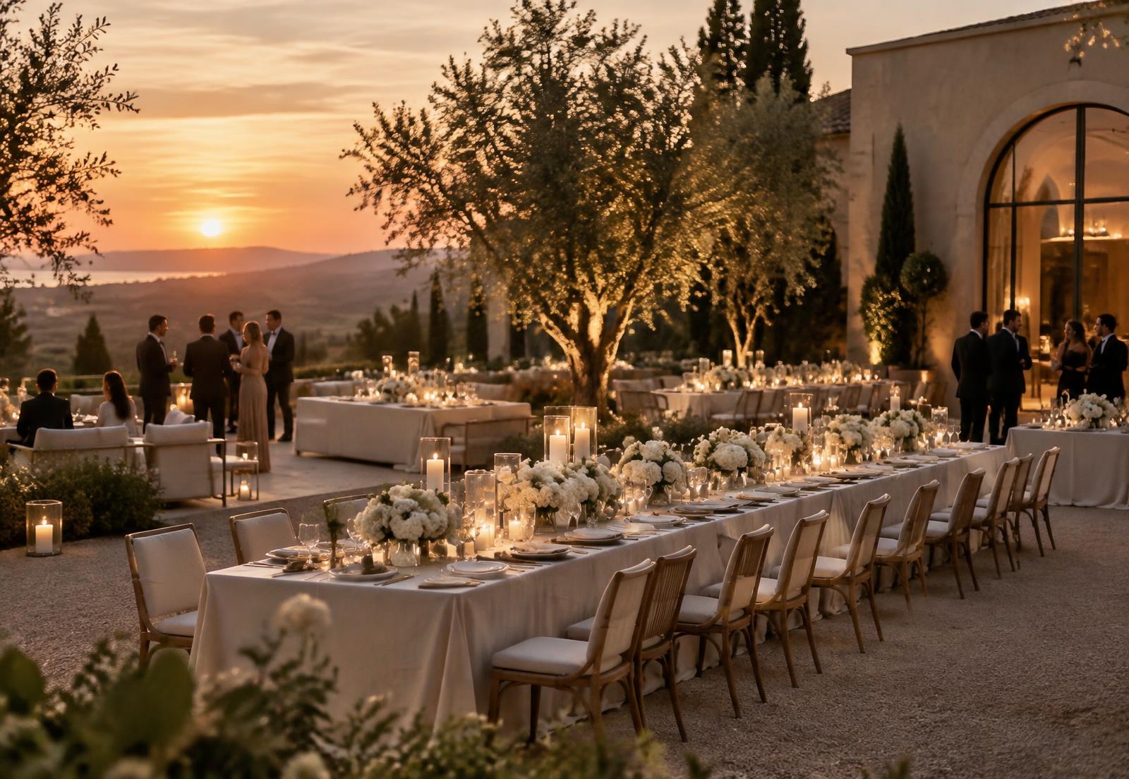A long outdoor table set for a private celebration at sunset