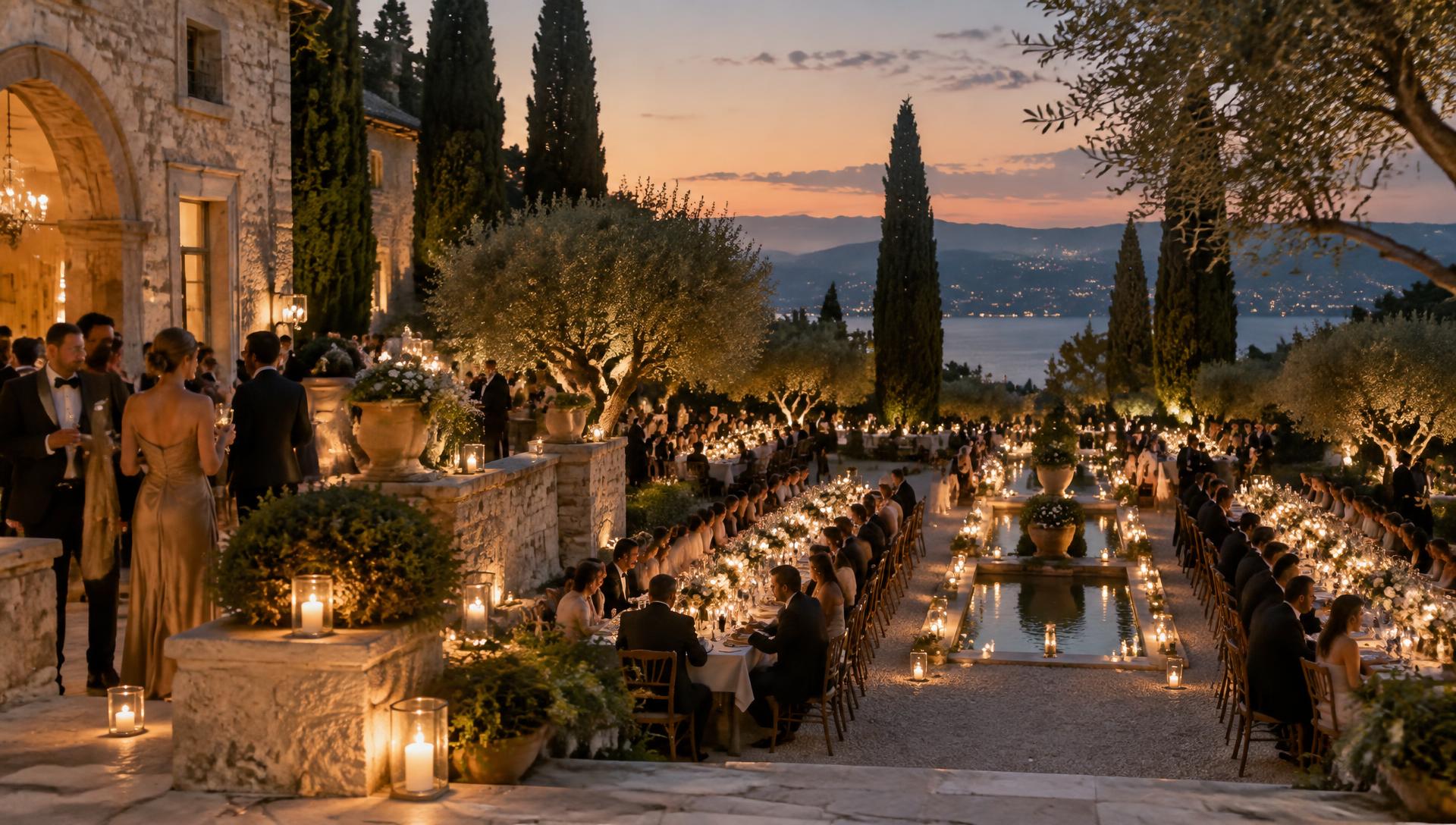 A candlelit event set within an architectural garden