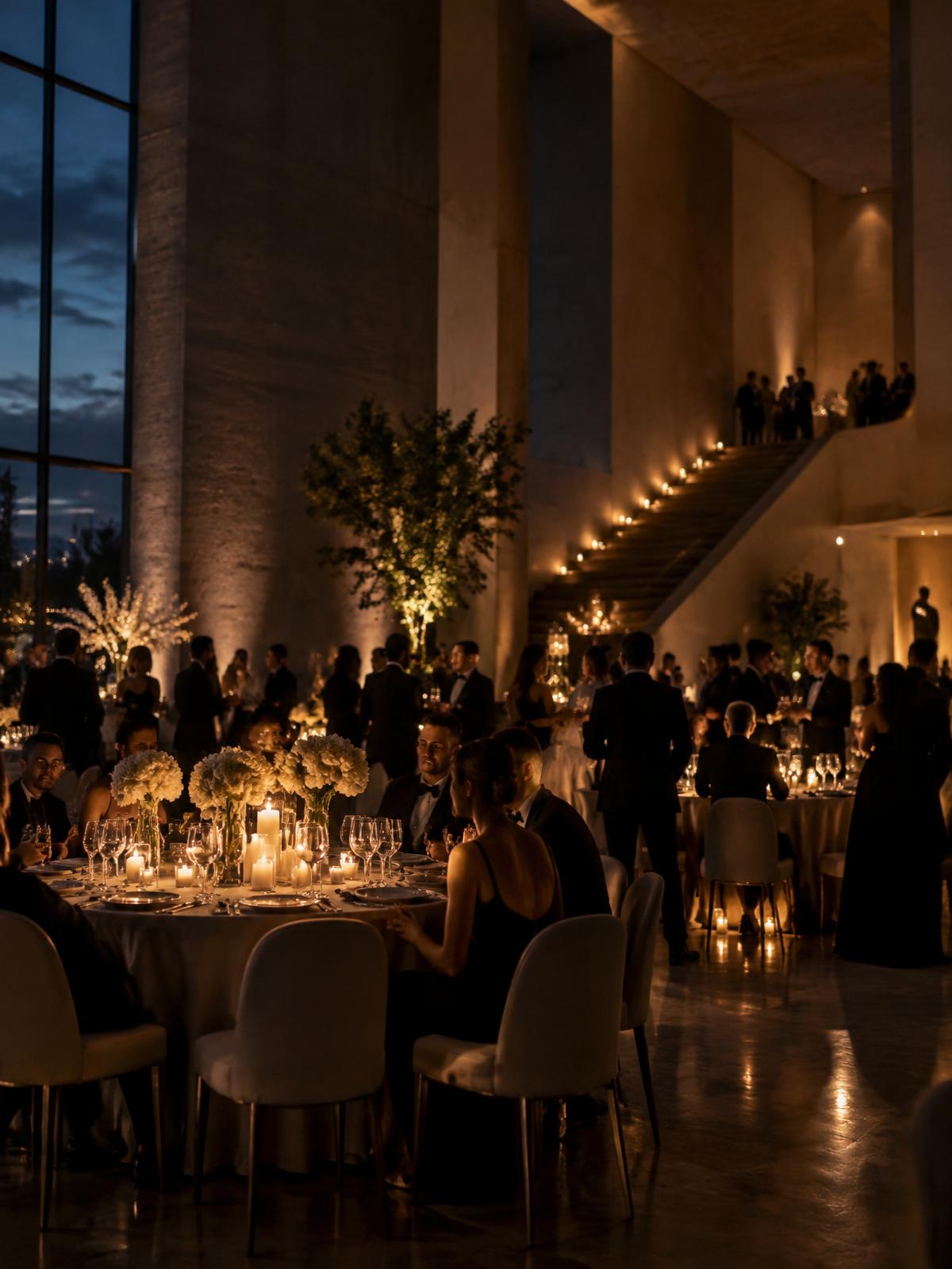 A warmly illuminated evening event setting