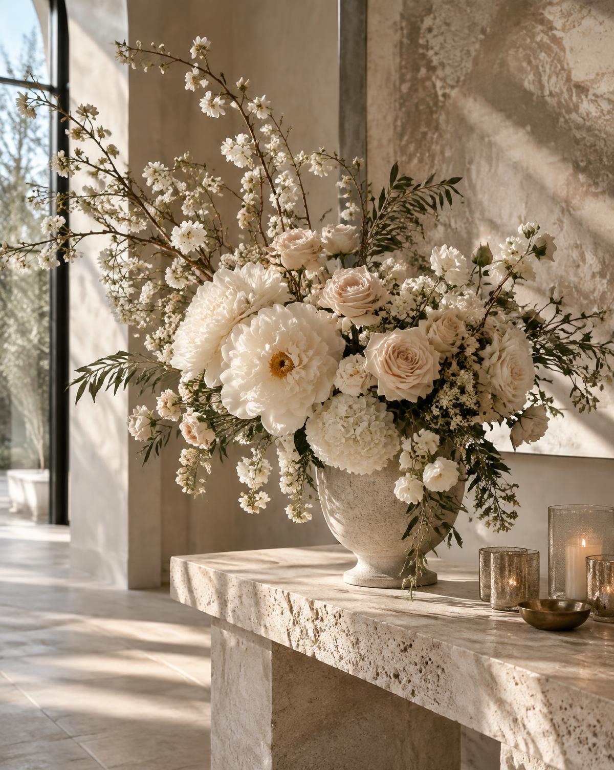 Sculptural ivory flowers arranged against warm stone
