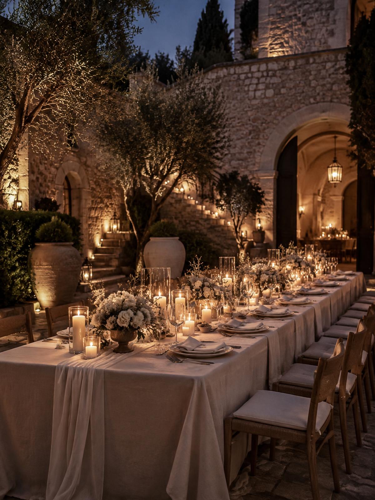A candlelit table prepared for an intimate evening gathering